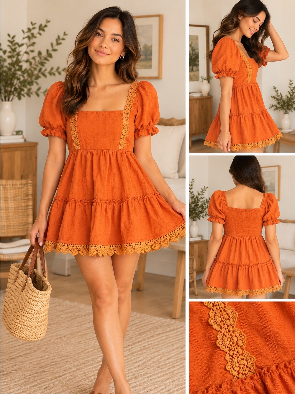 Abound  Orange Tiered Cotton Dress with Lace